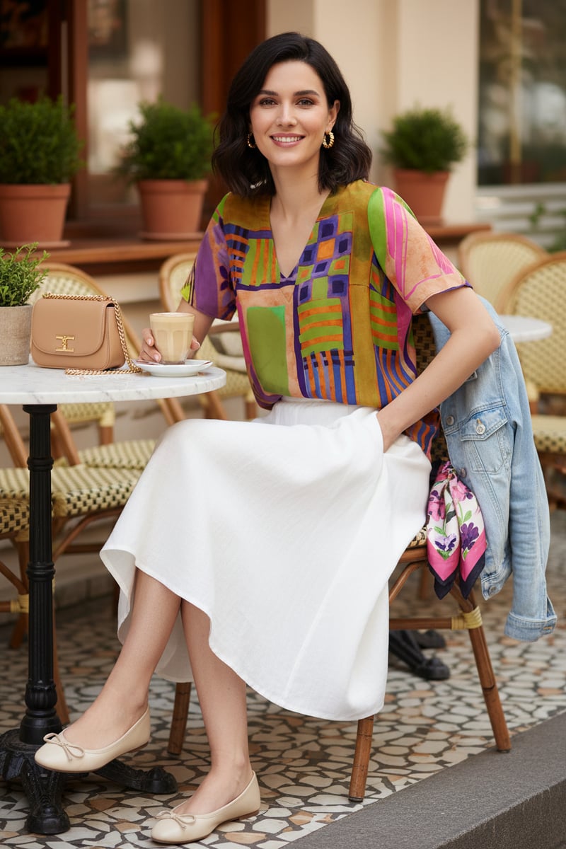 Multicolor Abstract Printed V-Neck Viscose Top