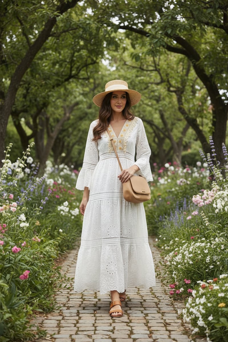 Ekru Tiered Cutwork Maxi Dress with Embellished V-Neck