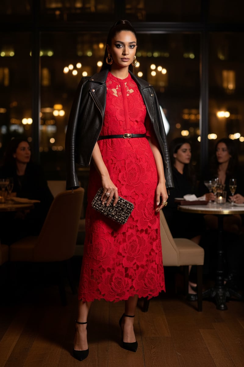 Red Lace Midi Dress with Band Collar and Flared Sleeves