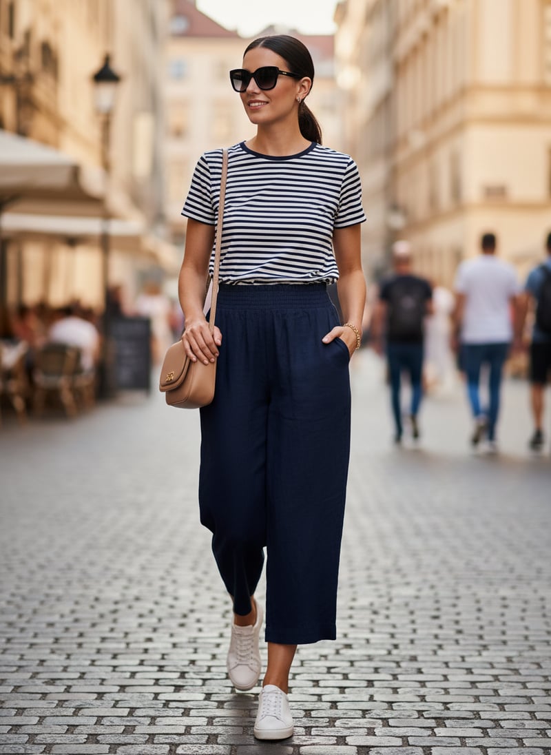 Dark Navy Pull-On Culotte Trousers with Smocked Waist
