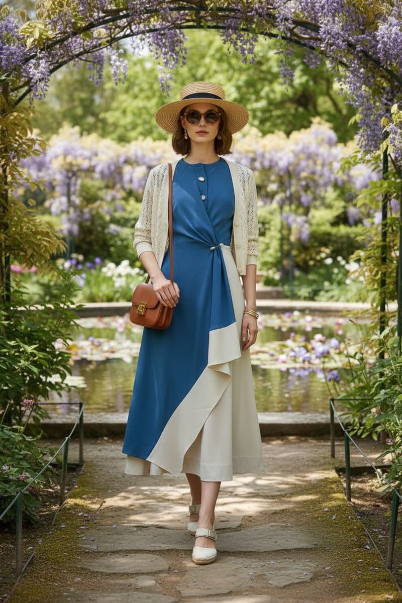 Prussian Blue and Ecru Colorblocked Midi Dress
