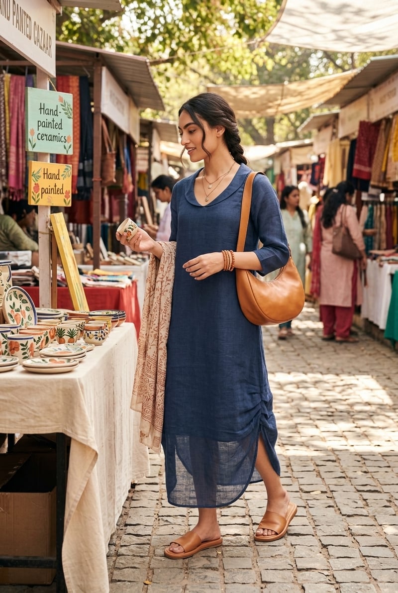 Navy Blue Linen Straight Midi Dress with V-Collar