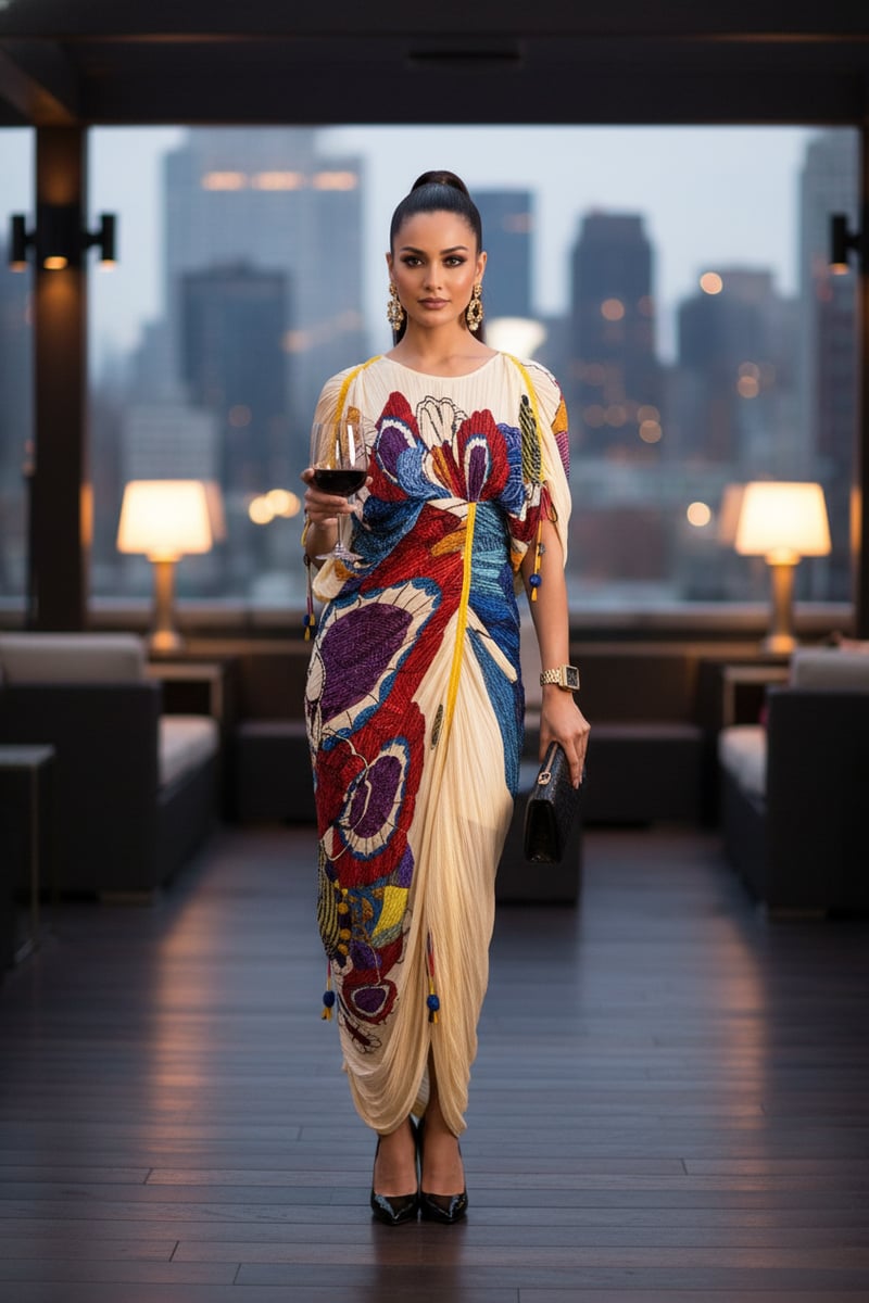 Multi Tribal Print Micro-Pleated Kaftan Maxi Dress