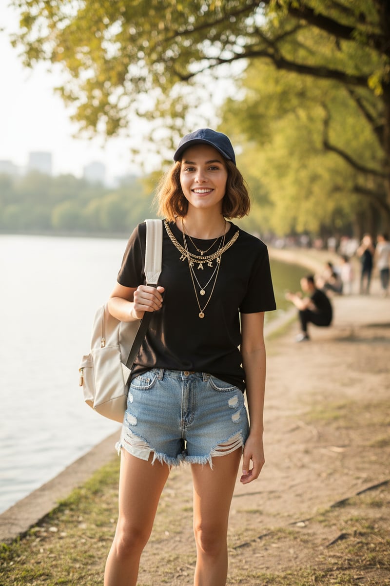 Black Crewneck T-Shirt with Chain Neckline Detail