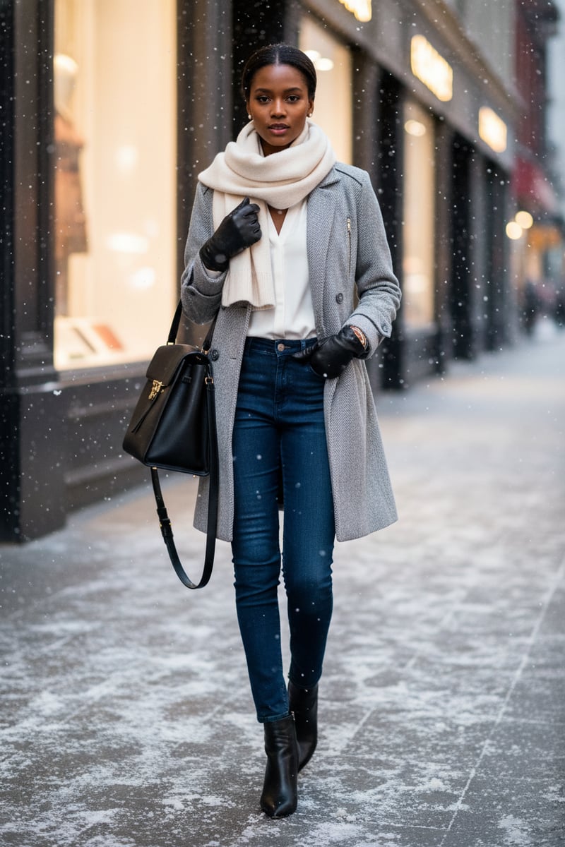 Grey Herringbone Double-Breasted Tailored Coat