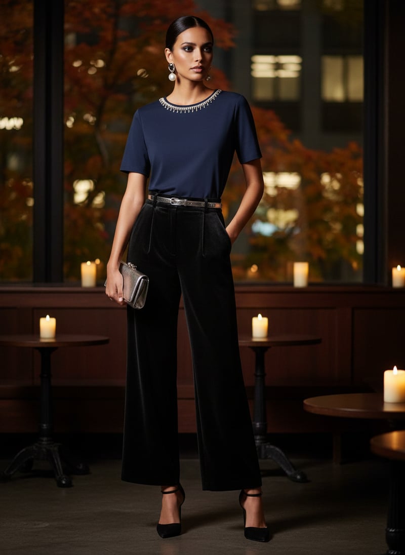 Blue Crew-Neck T-Shirt with Rhinestone Neckline
