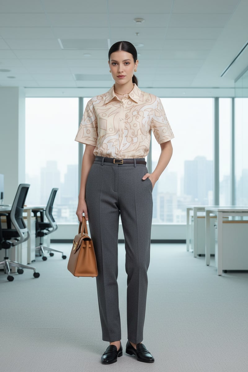 Beige Geometric Print Relaxed Fit Short Sleeve Shirt