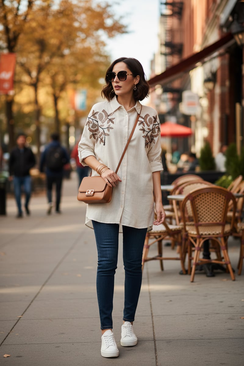 Natural Beige Embellished Longline Shirt