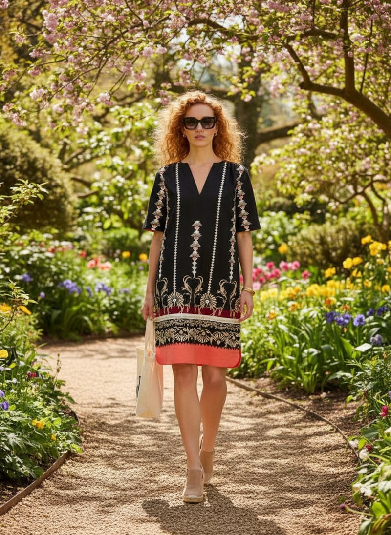 Black Printed Linen Shift Mini Dress