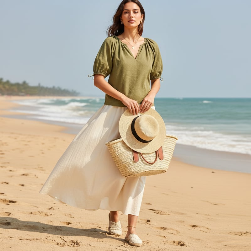 Utility Green Perforated Nylon Puff Sleeve V-Neck Top