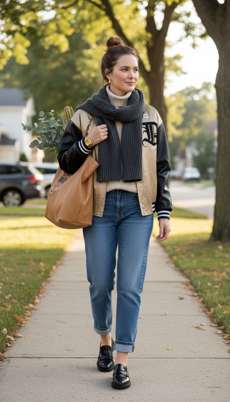 Beige and Black Colorblock Varsity Bomber Jacket