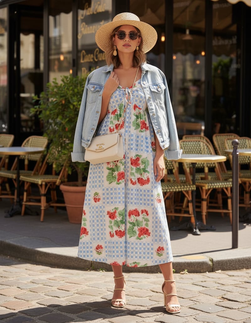 Blue Tile Check and Floral Sweetheart Midi Dress