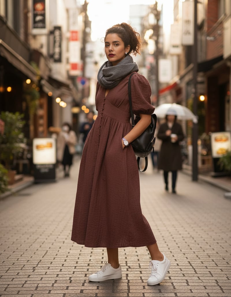 Chocolate Brown V-Neck Button-Front Midi Dress