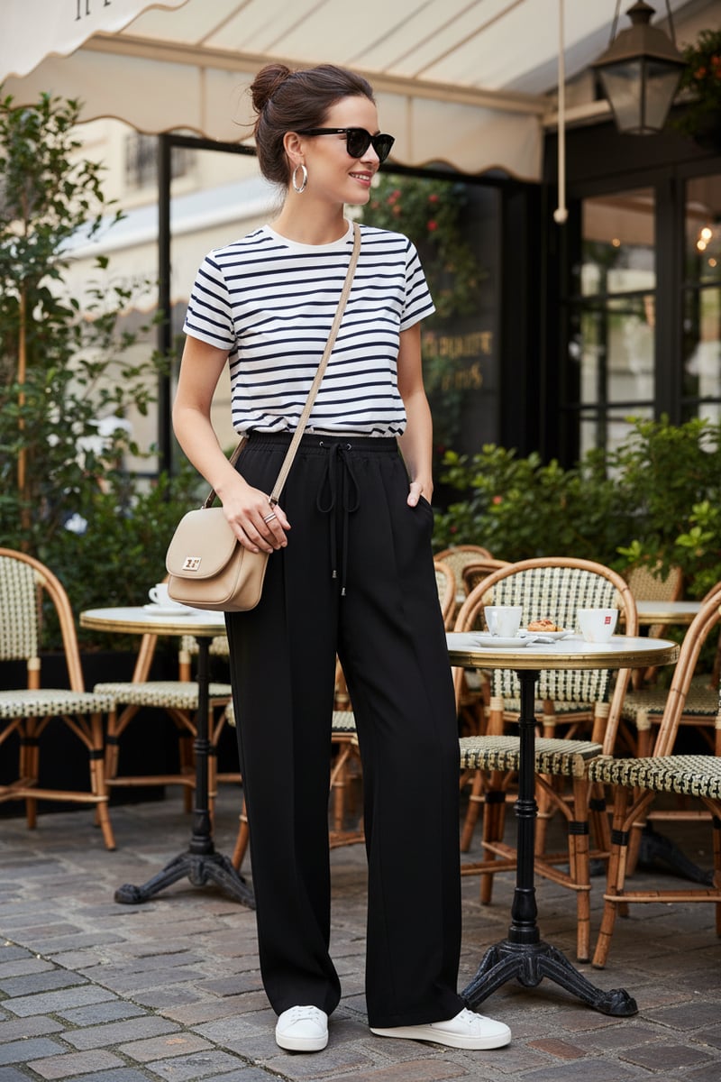 Black Twill Straight-Leg High-Waist Drawstring Trousers