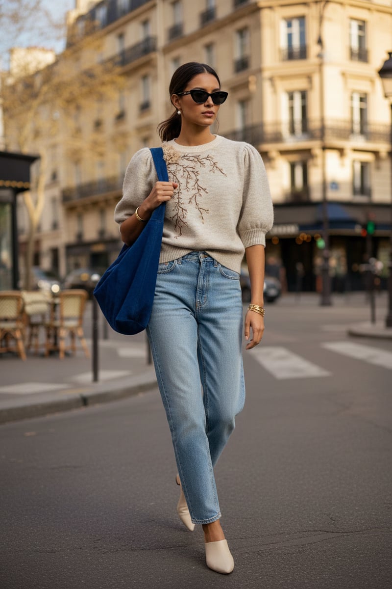 Ivory Embellished Puff Sleeve Pullover Sweater