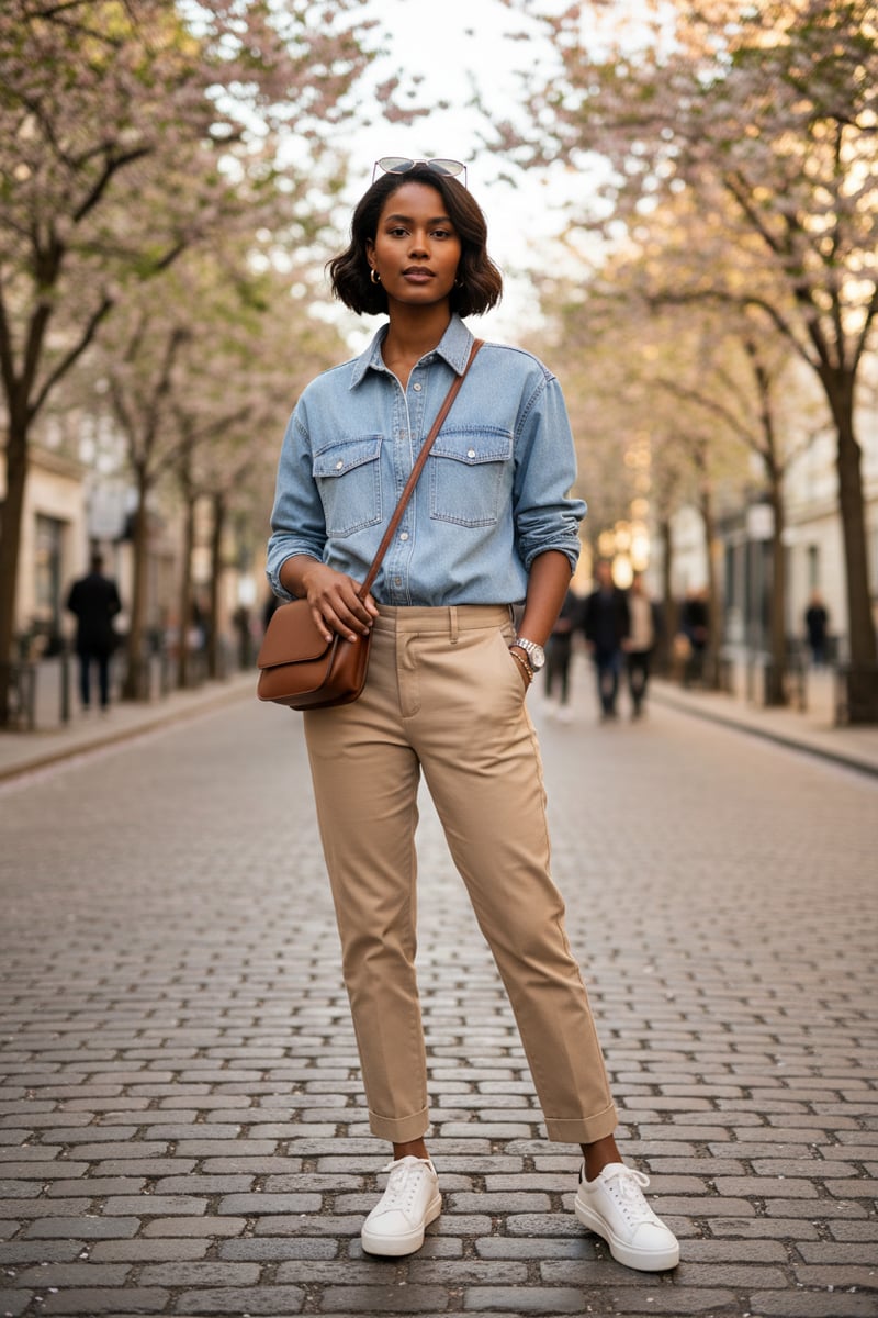 Light Blue Denim Button-Down Shirt with Patch Pockets