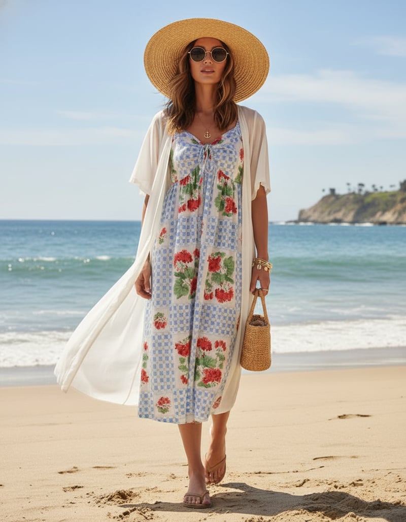 Blue Tile Check and Floral Sweetheart Midi Dress
