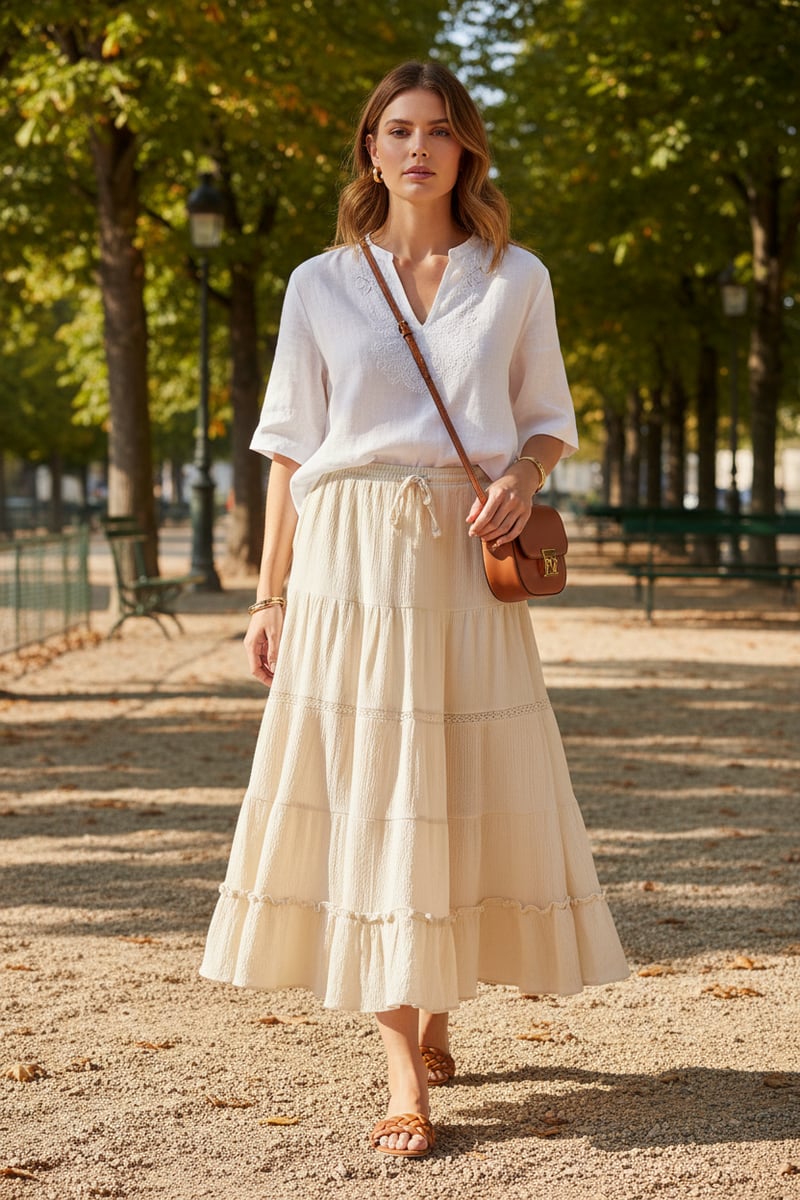 Natural Tiered Midi Skirt with Drawstring Waist