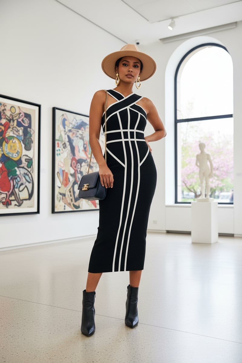 Mono Bandage Knit Bodycon Midi Dress with Contrast Lines
