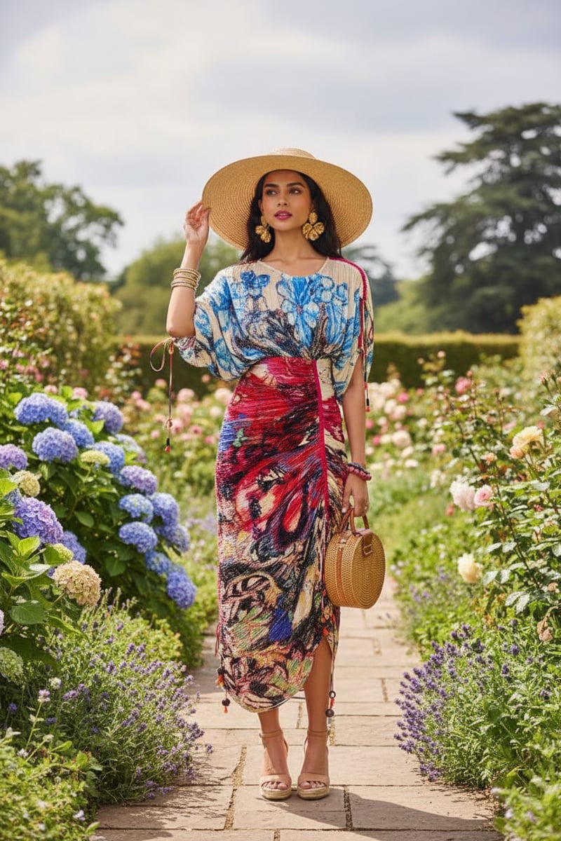 Multi-Color Abstract Floral Micro-Pleated Kaftan Midi Dress