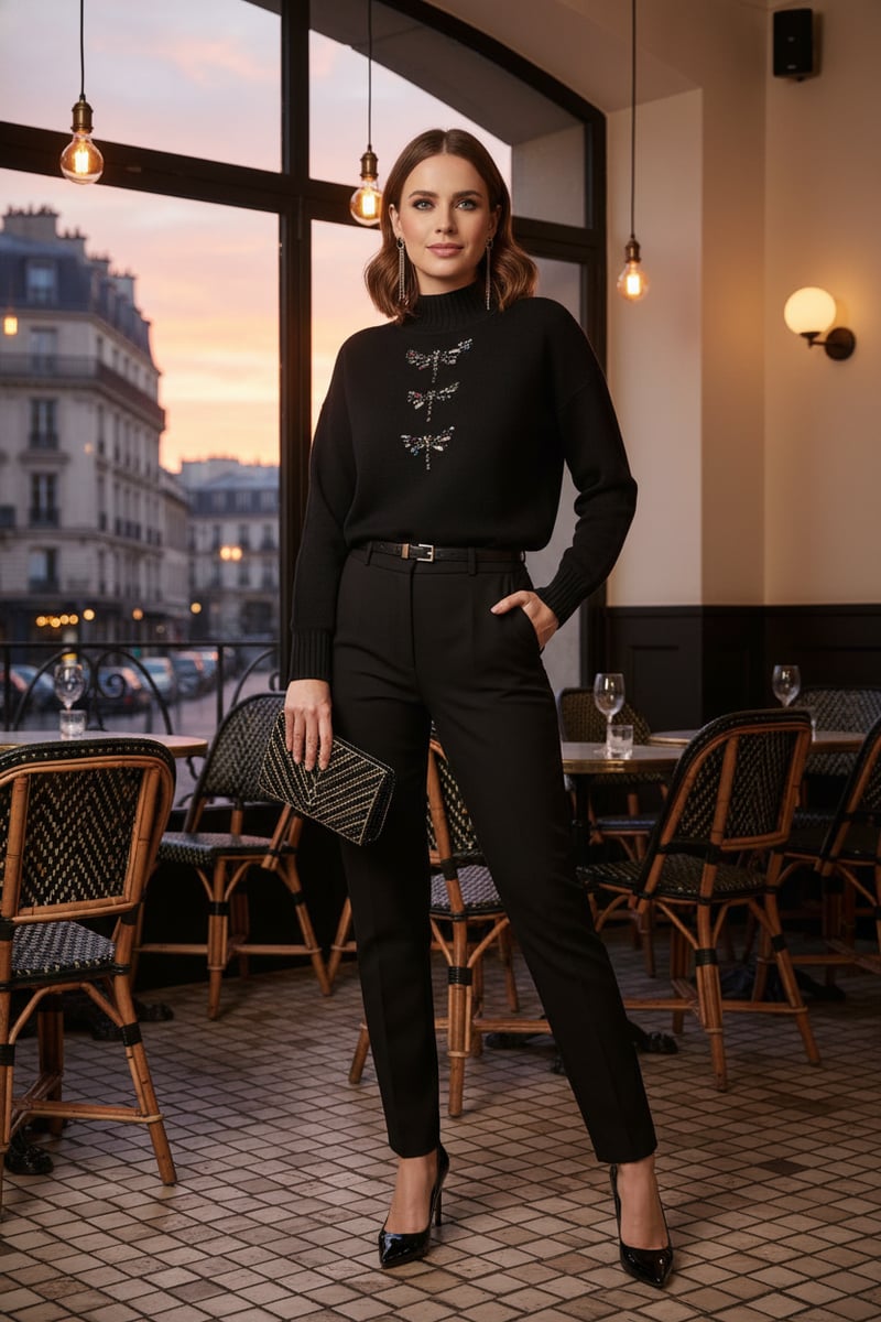 Black High Neck Crystal Embellished Pullover Sweater