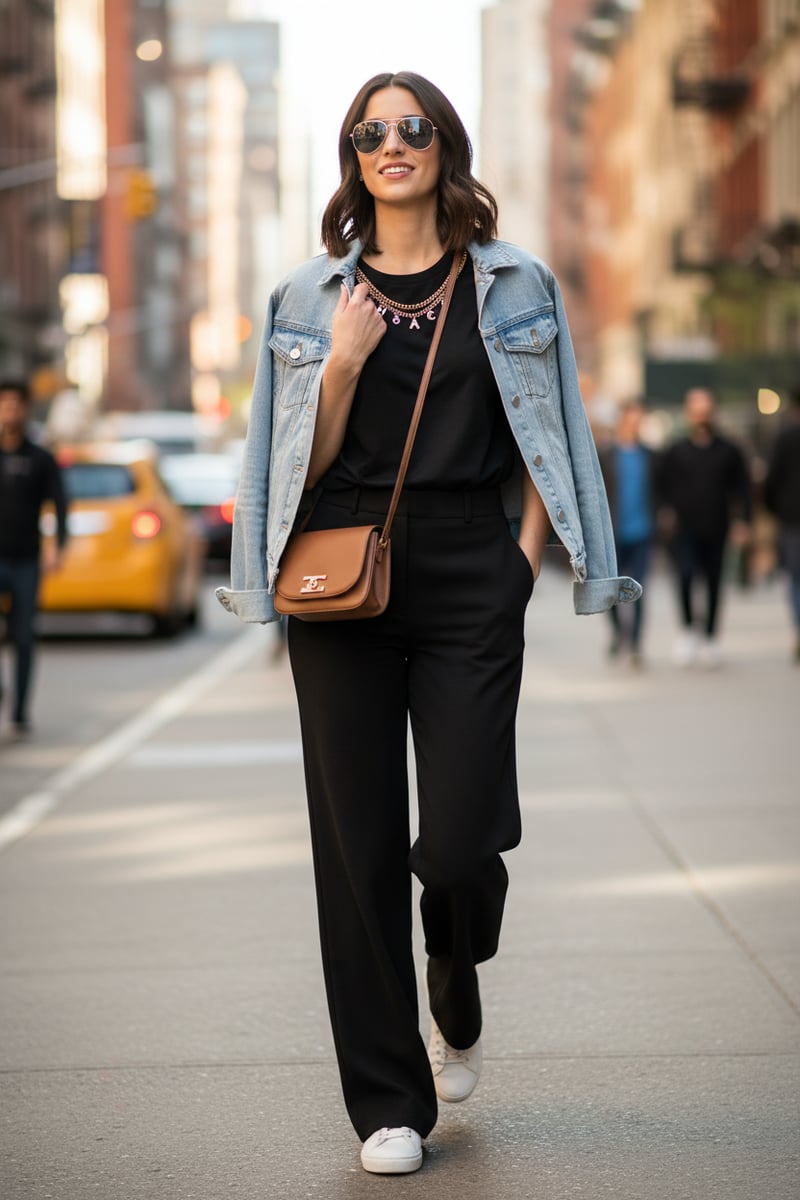 Black Crewneck T-Shirt with Chain Neckline Detail
