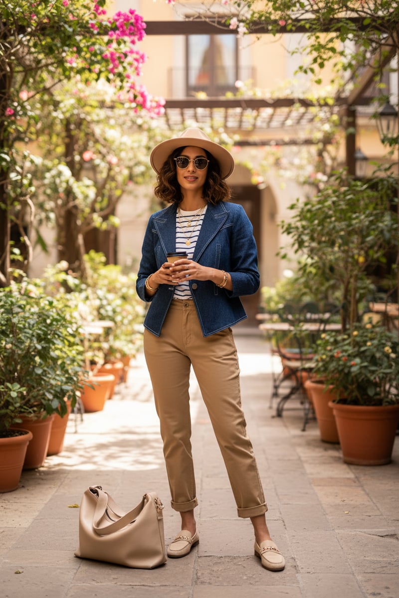 Blue Cropped Denim Blazer with Contrast Topstitching
