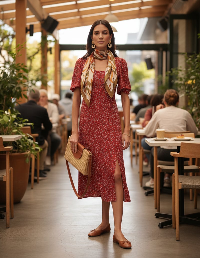 Red Ditsy Floral Scoop Neck Midi Dress with Slit