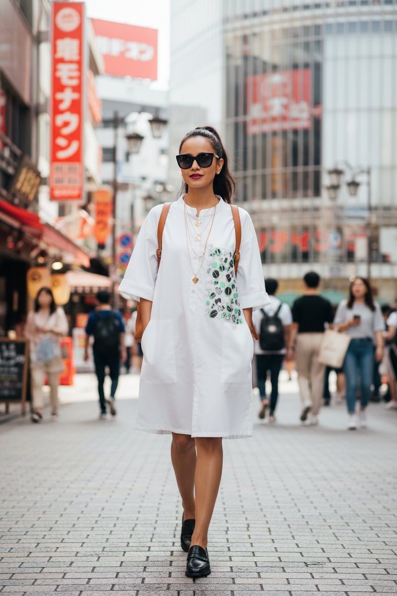 White Relaxed Shirt Dress with Statement Pocket