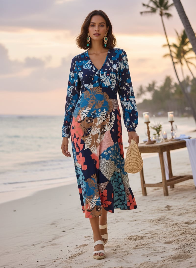 Navy Multi Printed Jersey Fit and Flare Midi Dress