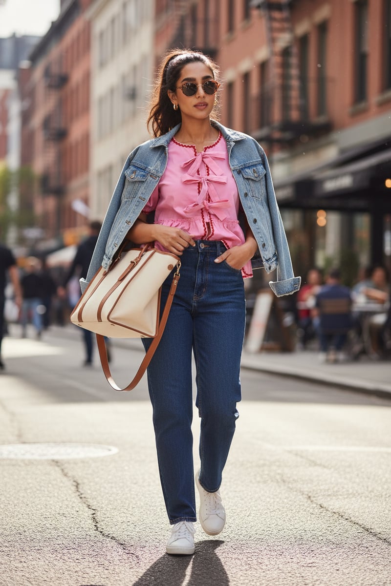 Pink Poplin Tie-Up Peplum Top with Puff Sleeves