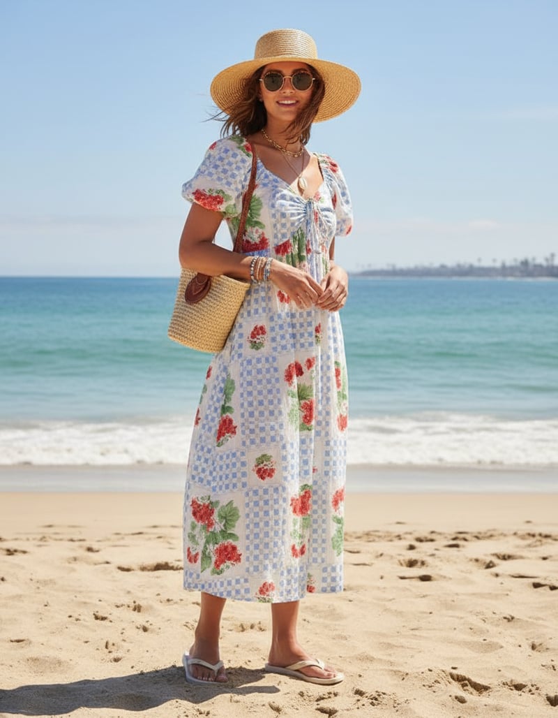 Blue Tile Check and Floral Sweetheart Midi Dress