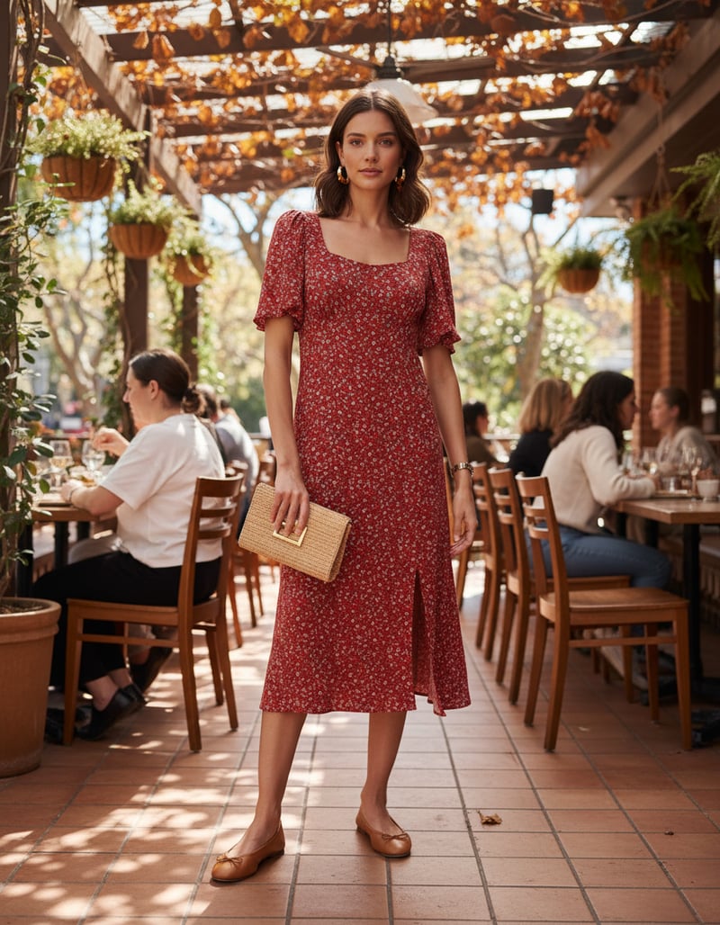 Red Ditsy Floral Scoop Neck Midi Dress with Slit