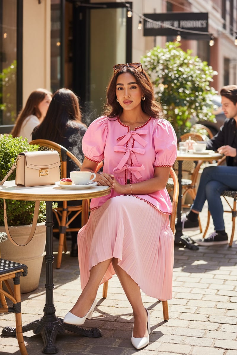Pink Poplin Tie-Up Peplum Top with Puff Sleeves