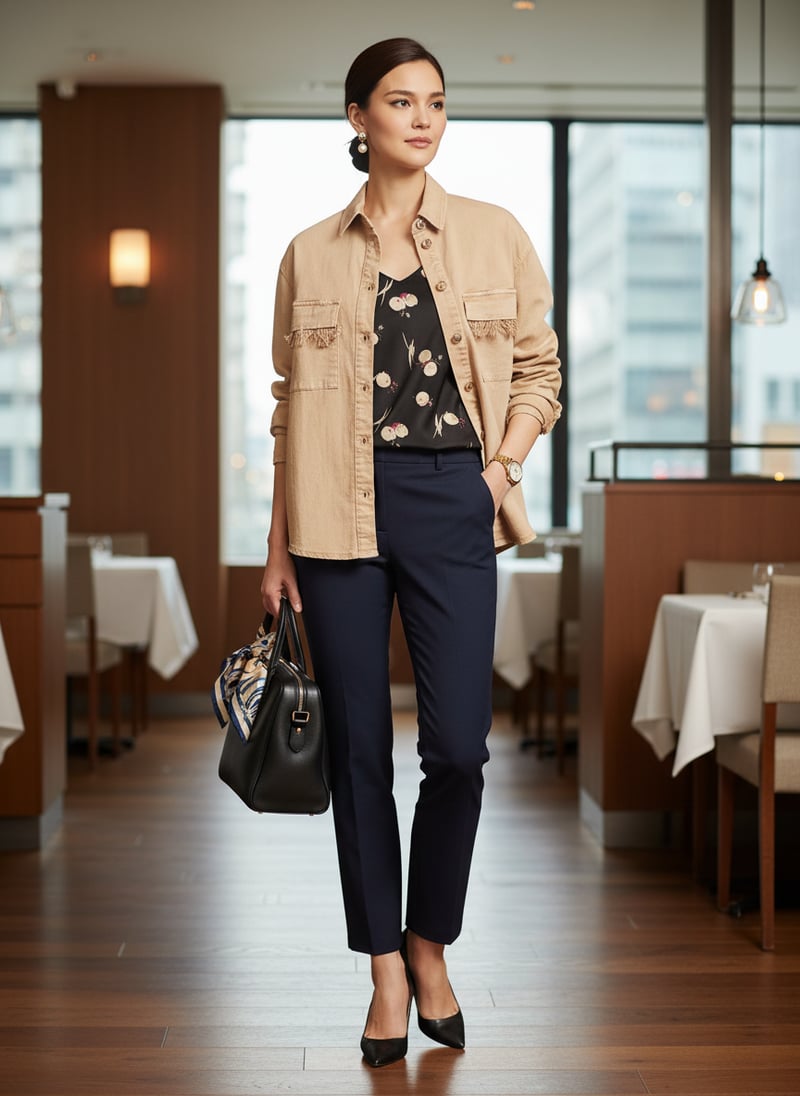 Beige Utility Button-Down Shirt with Frayed Pockets