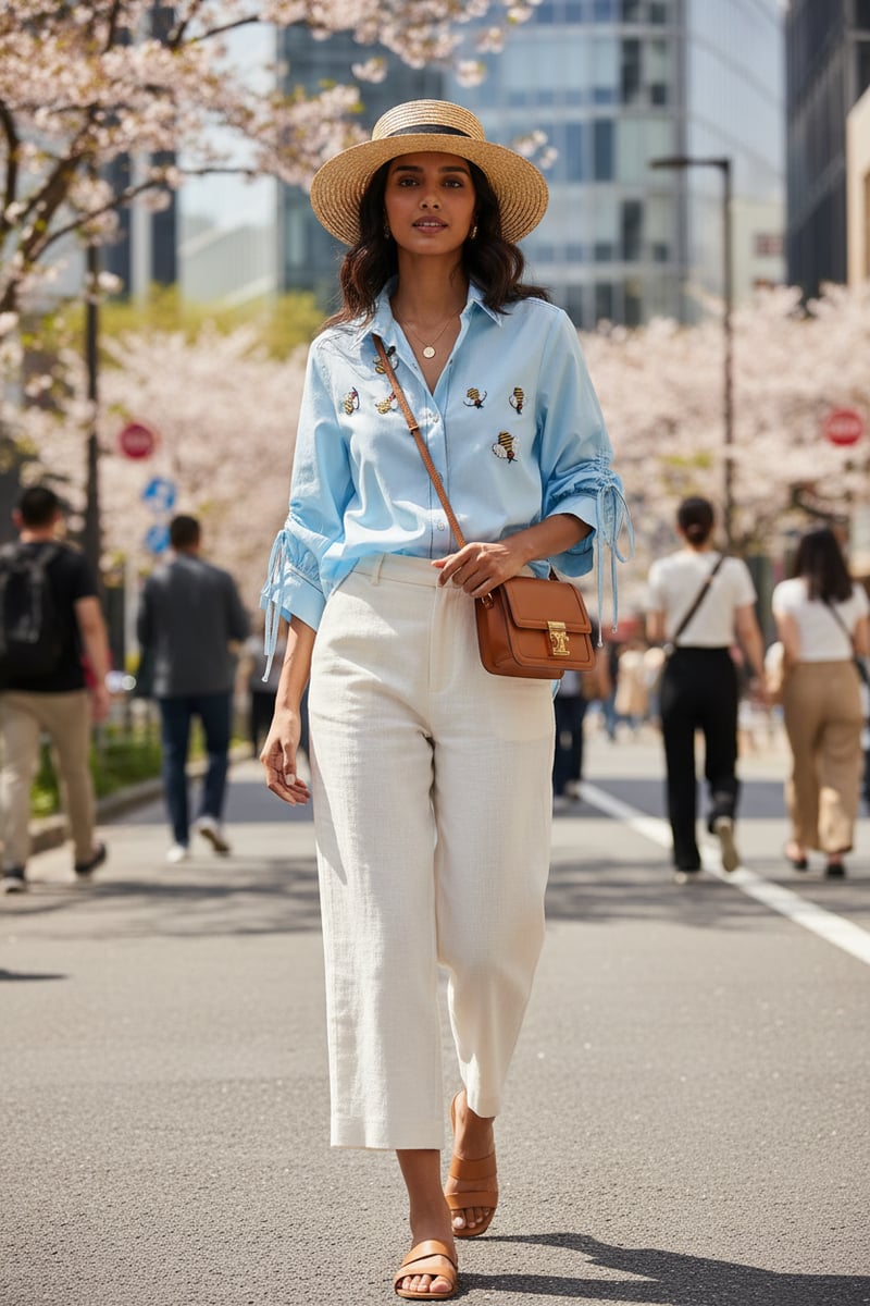 Powder Blue Cotton Shirt with Honey Bee Patch Motifs