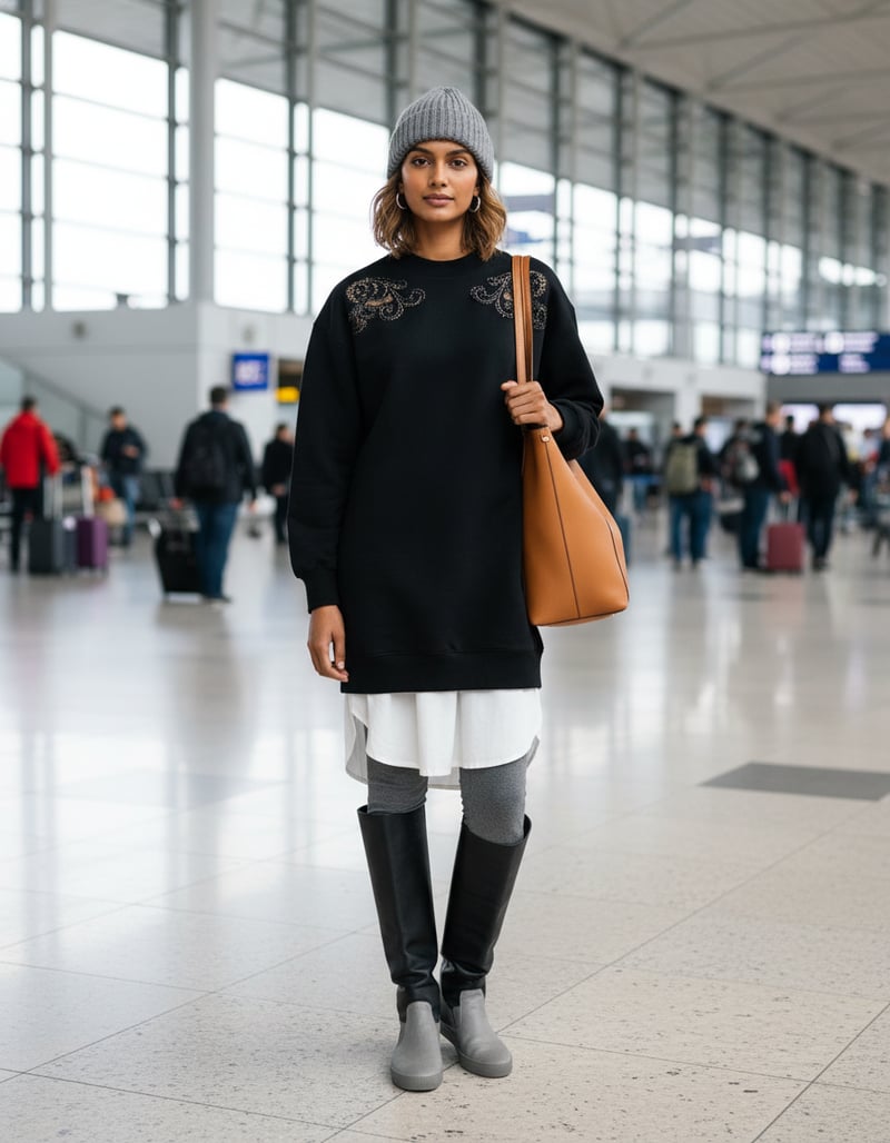 Black Longline Sweatshirt Dress with Shoulder Applique