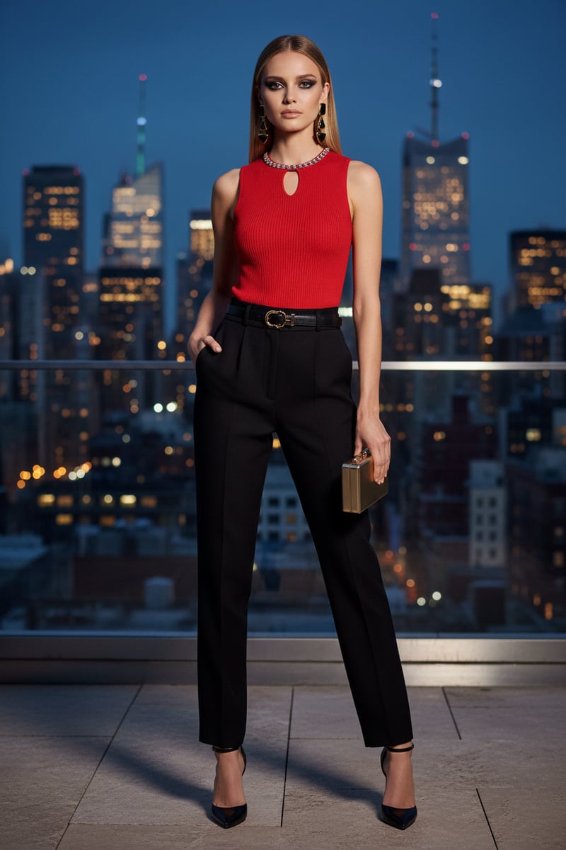Red Ribbed Sleeveless Top with Embellished Neckline