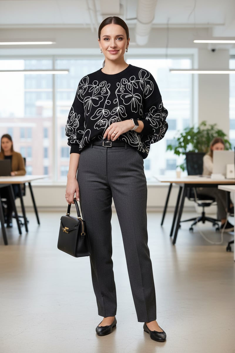 Black Abstract Line-Art Relaxed Fit Sweater