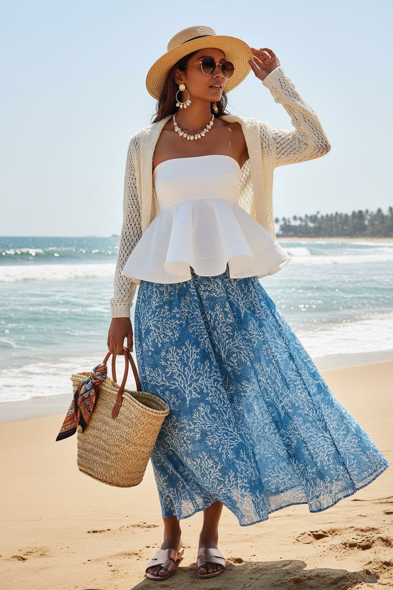 White Bandeau Peplum Top with Ruffle Hem