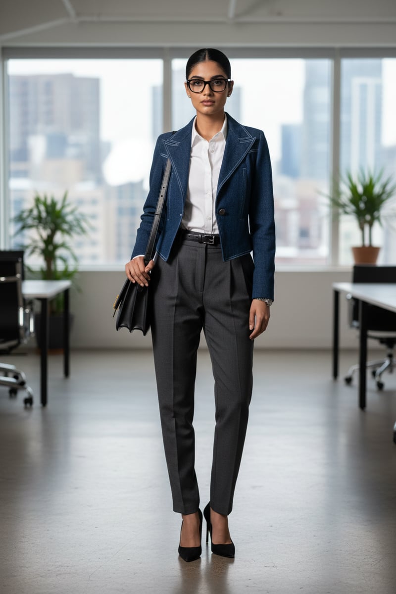 Blue Cropped Denim Blazer with Contrast Topstitching