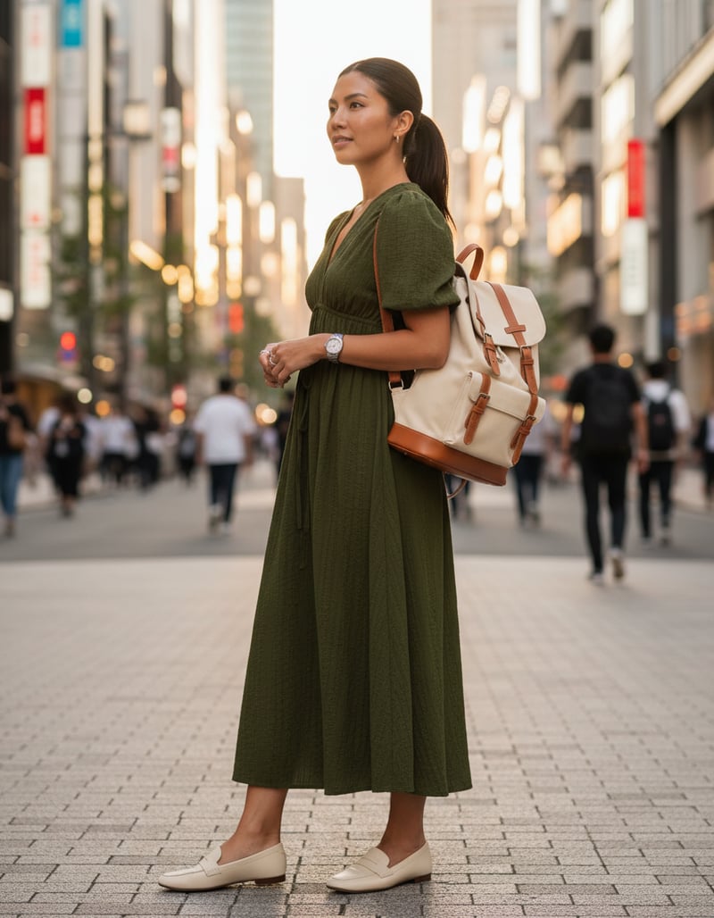 Khaki V-Neck Puff Sleeve Shirred Waist Midi Dress