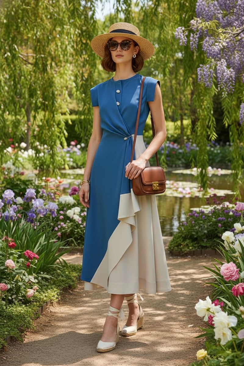 Prussian Blue and Ecru Colorblocked Midi Dress