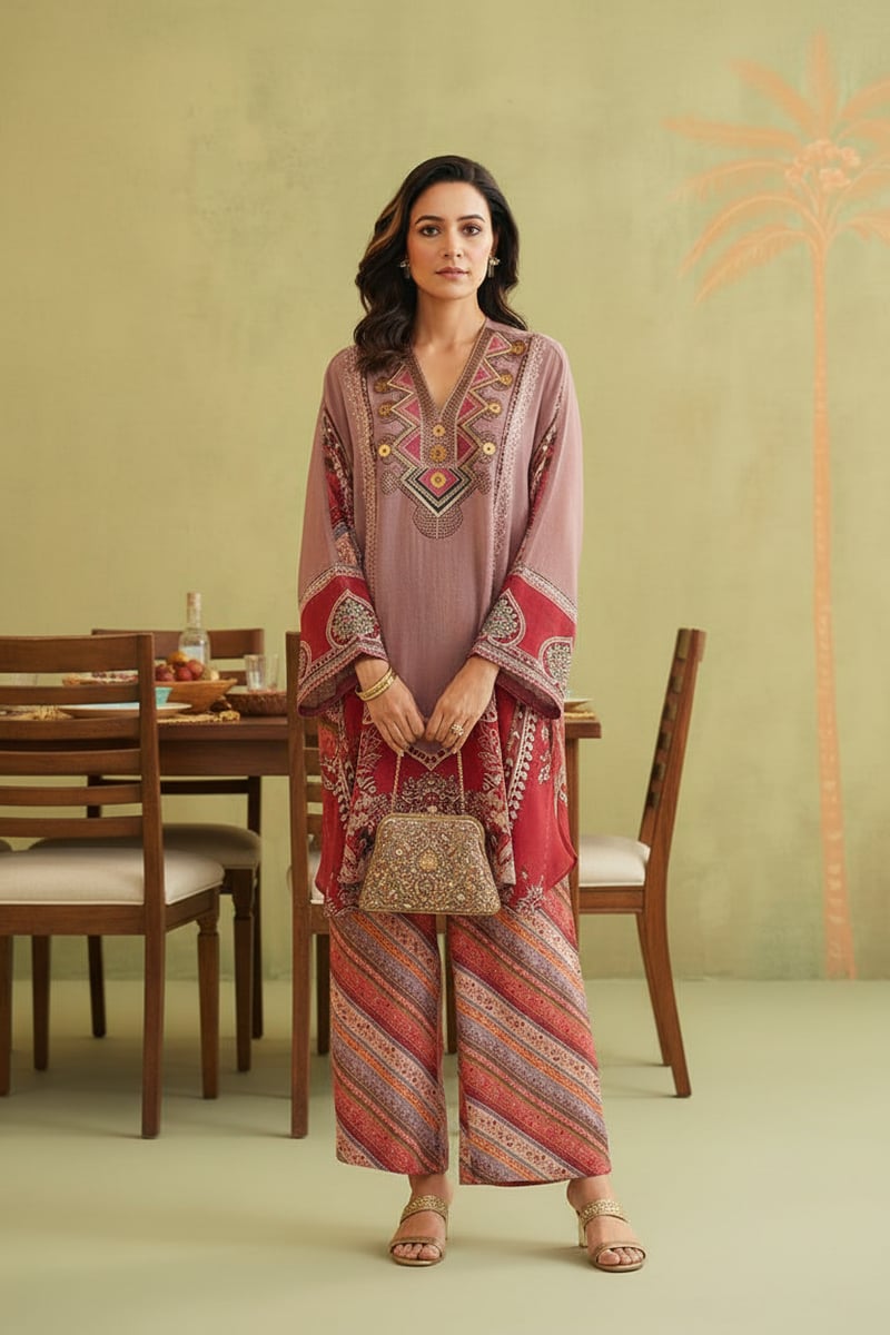 Multi Bemberg Crepe Printed Co-ord Set with Neck Embroidery