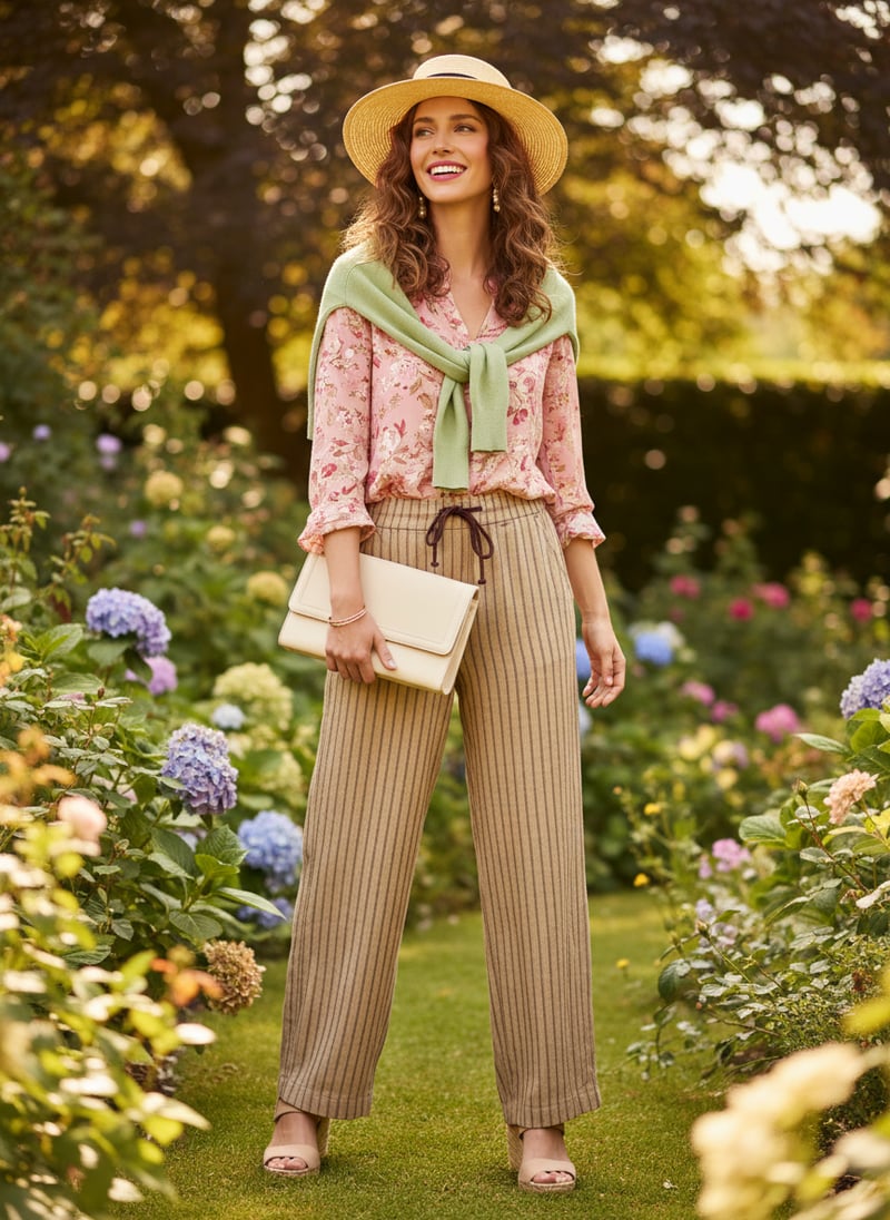 Natural Multi Linen Pinstripe Wide-Leg Trousers