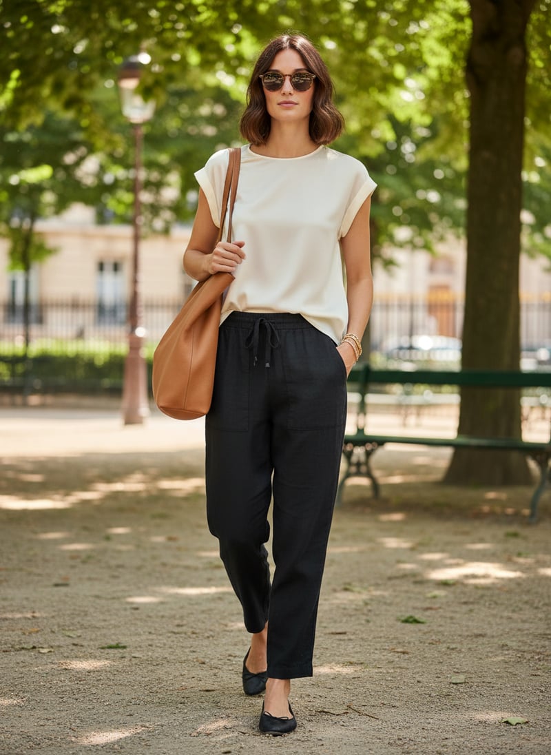 Pure Black Linen Blend Drawstring Tapered Trousers
