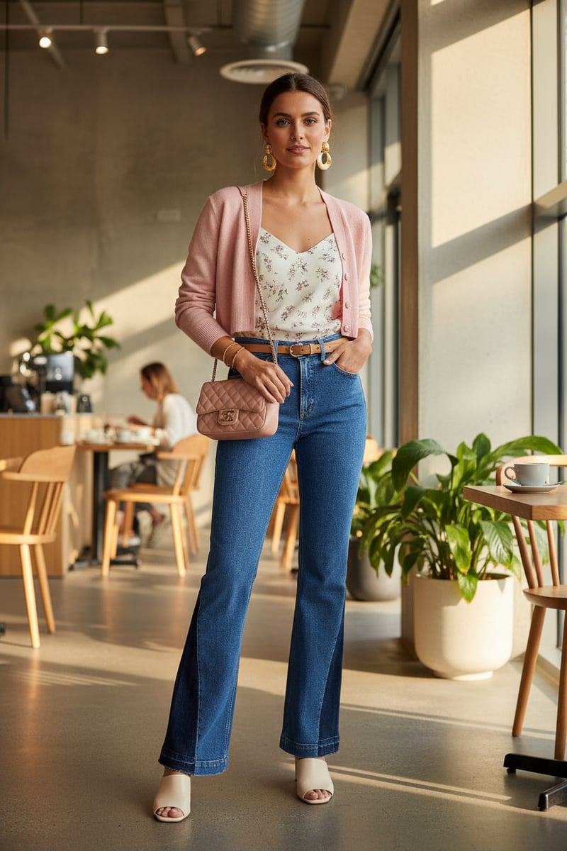 Blue High-Waist Flared Jeans with Zip and Button Closure