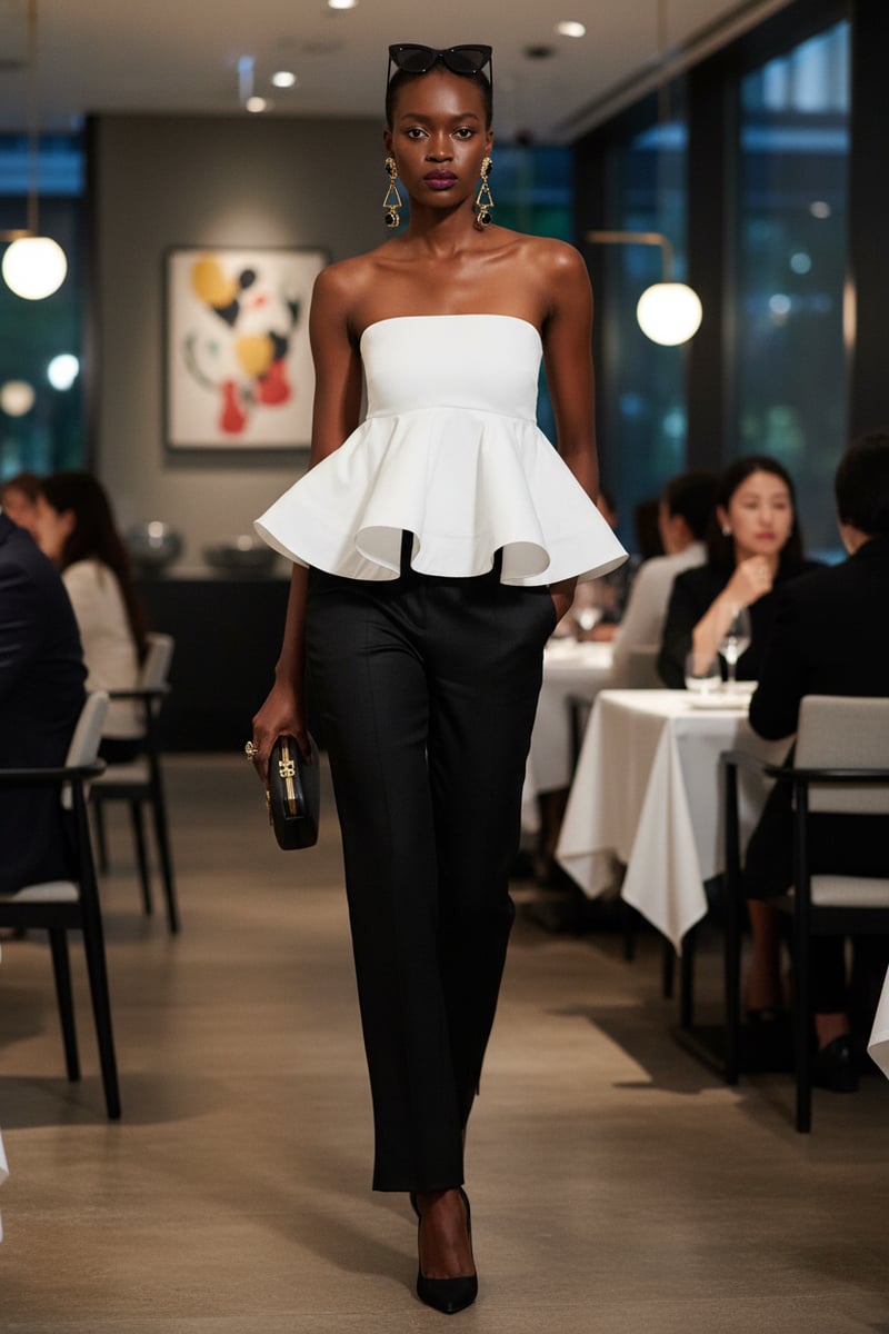 White Bandeau Peplum Top with Ruffle Hem