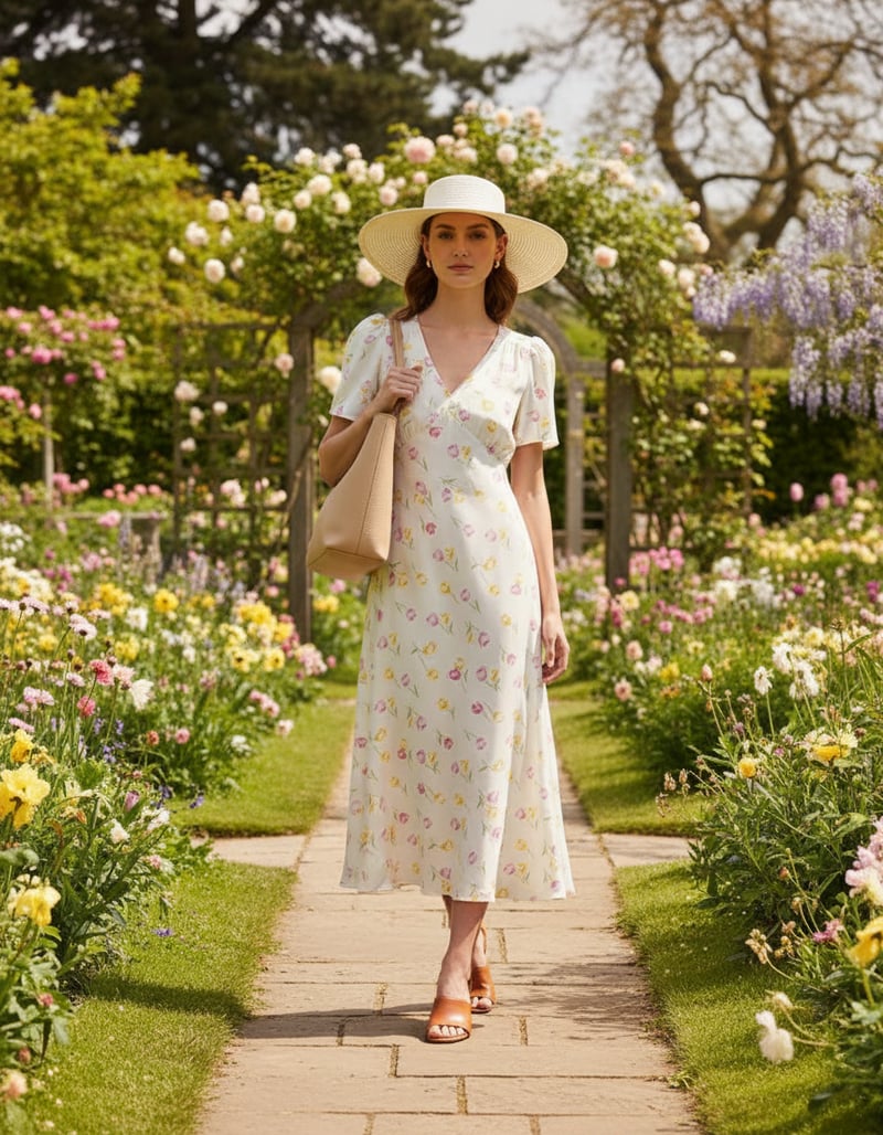 Cream Floral Wrap Midi Dress