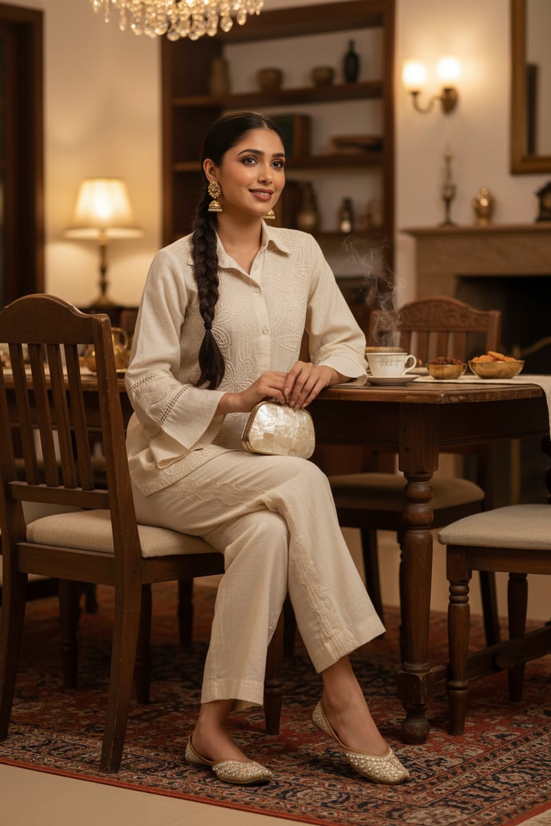 Cream Hand-Embroidered Cotton Co-ord Set